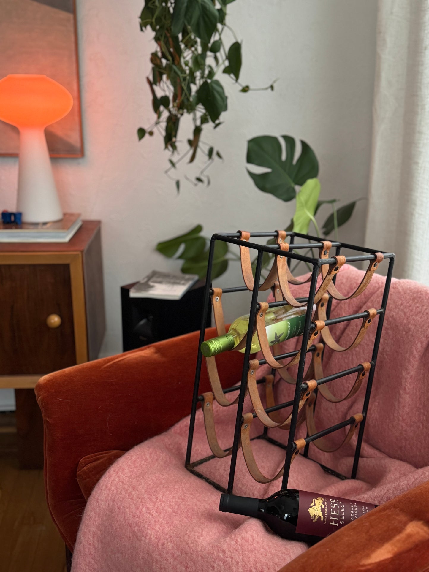 1950s Arthur Umanoff Iron & Leather Wine Rack