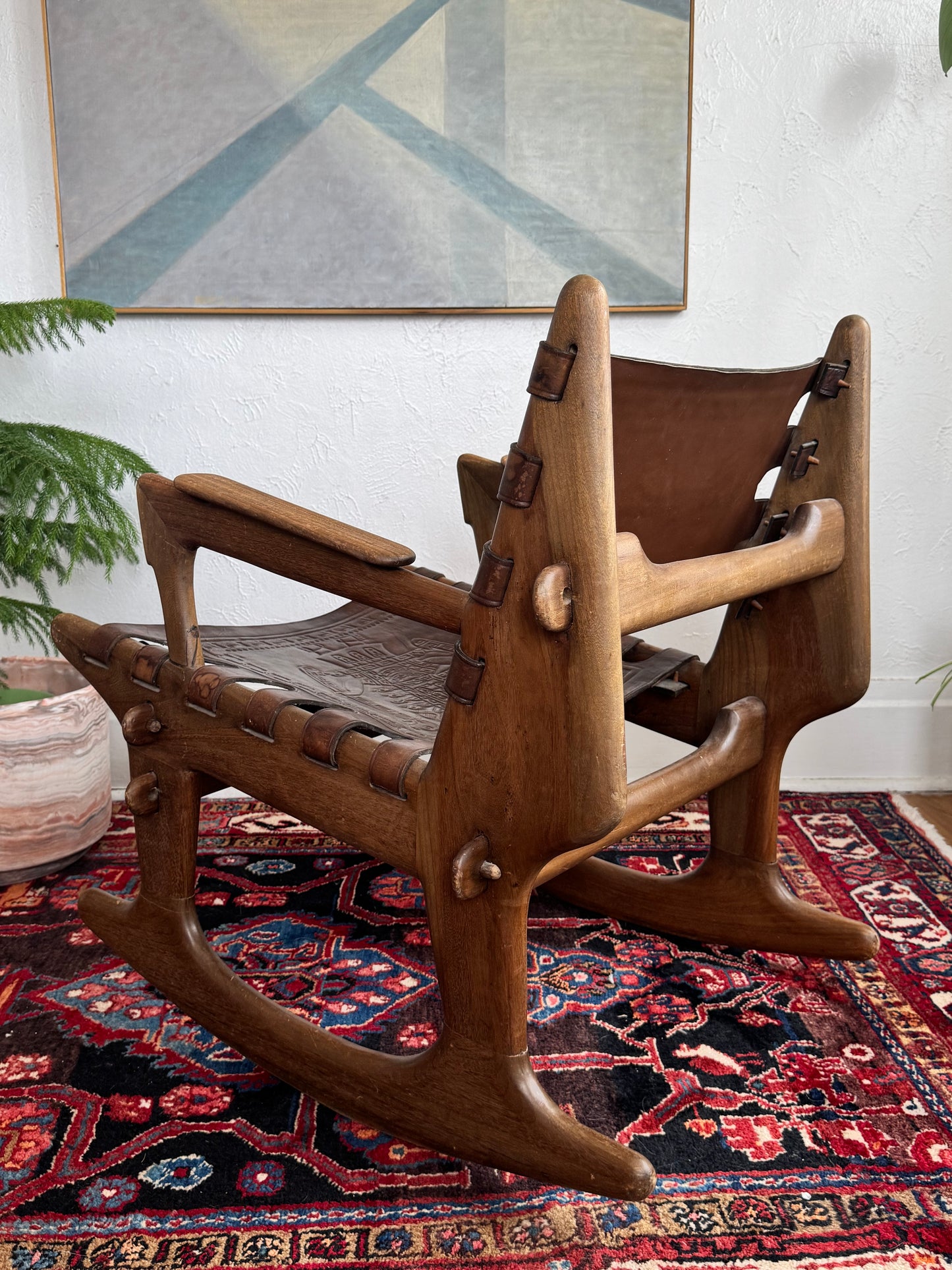 1960s Angel Pazmino Wood and Leather Sling Rocker