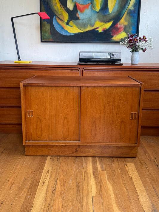 Vintage Scandinavian Modern Teak Sliding Door Record Cabinet