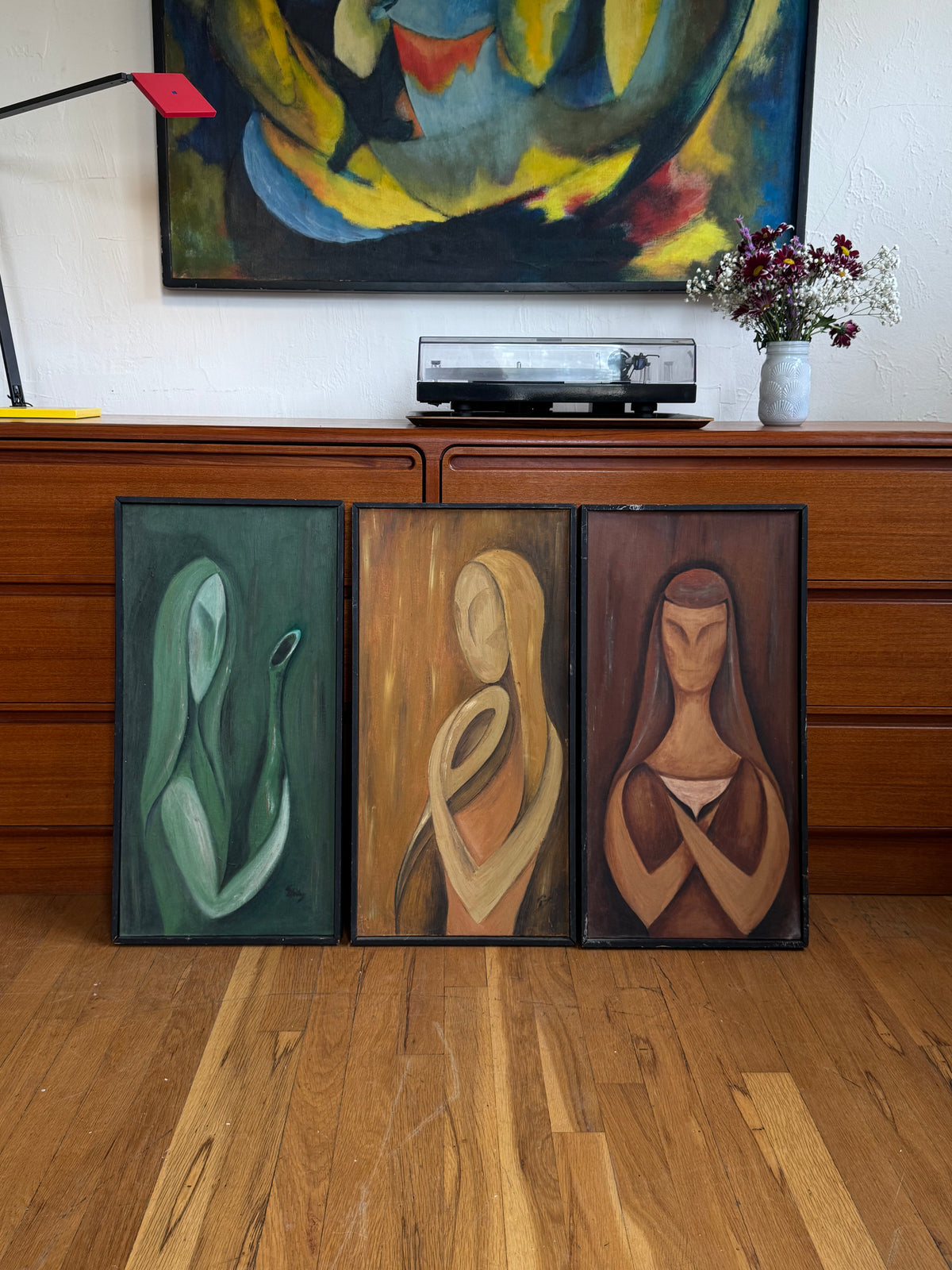 Set of Mid Century Abstract Figural Oil Paintings