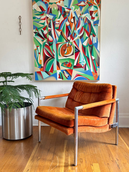 1970s Orange Velvet Corduroy Lounge Chair