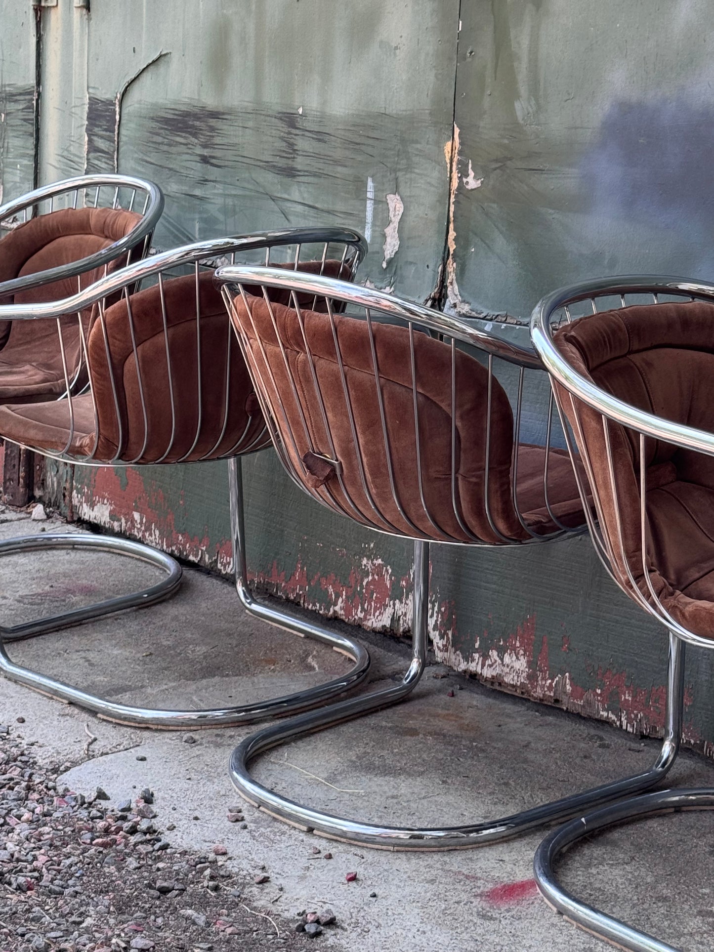 1970s Italian Brown Suede and Chrome Cantilever Dining Chairs by Gastone Rinaldi for Rima