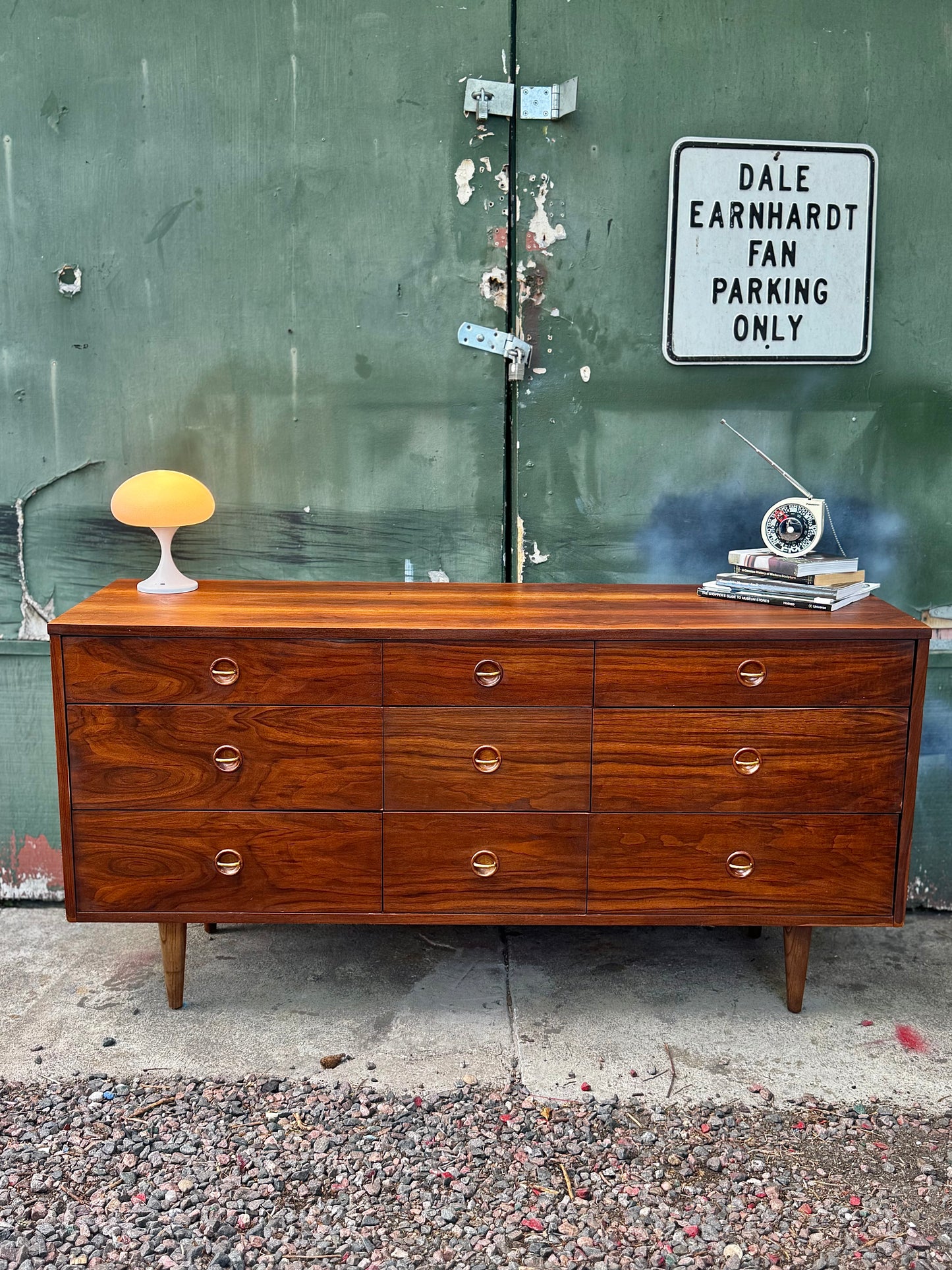 1960s 9-Drawer Walnut Lowboy Dresser by Stanley