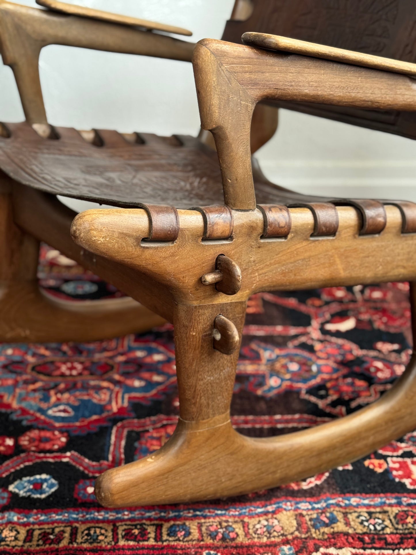 1960s Angel Pazmino Wood and Leather Sling Rocker