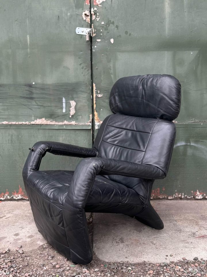 1980s postmodern brutalist leather “Pony Chair” recliner by Lafer of Brazil