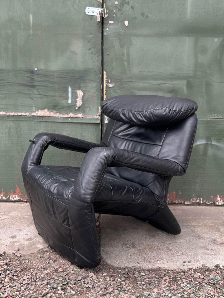 1980s postmodern brutalist leather “Pony Chair” recliner by Lafer of Brazil