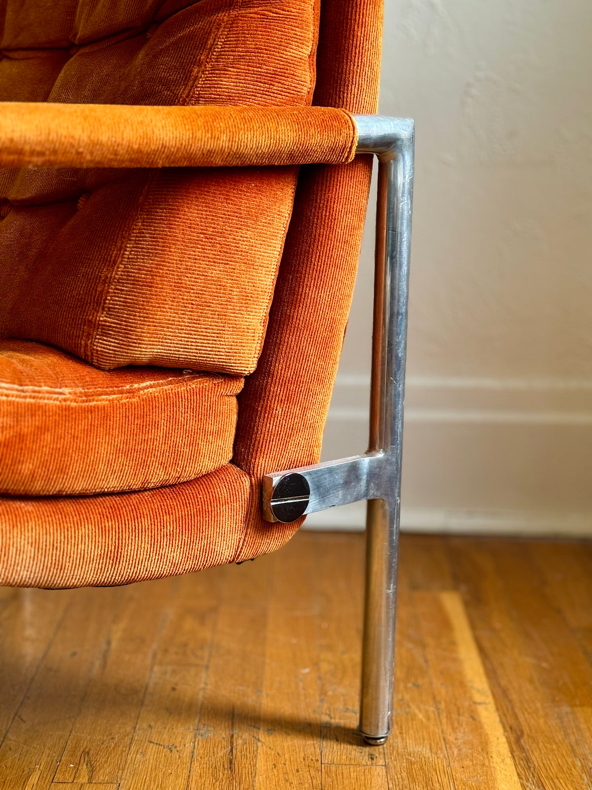 1970s Orange Velvet Corduroy Lounge Chair