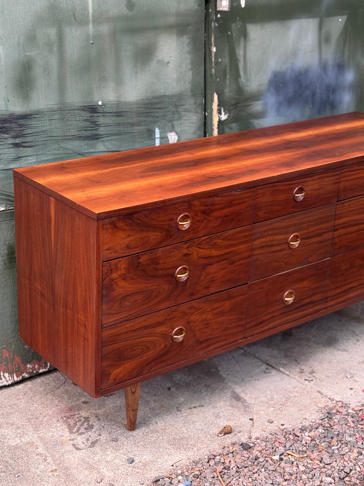1960s 9-Drawer Walnut Lowboy Dresser by Stanley