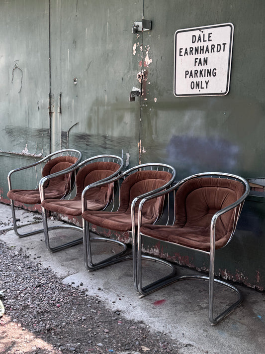 1970s Italian Brown Suede and Chrome Cantilever Dining Chairs by Gastone Rinaldi for Rima