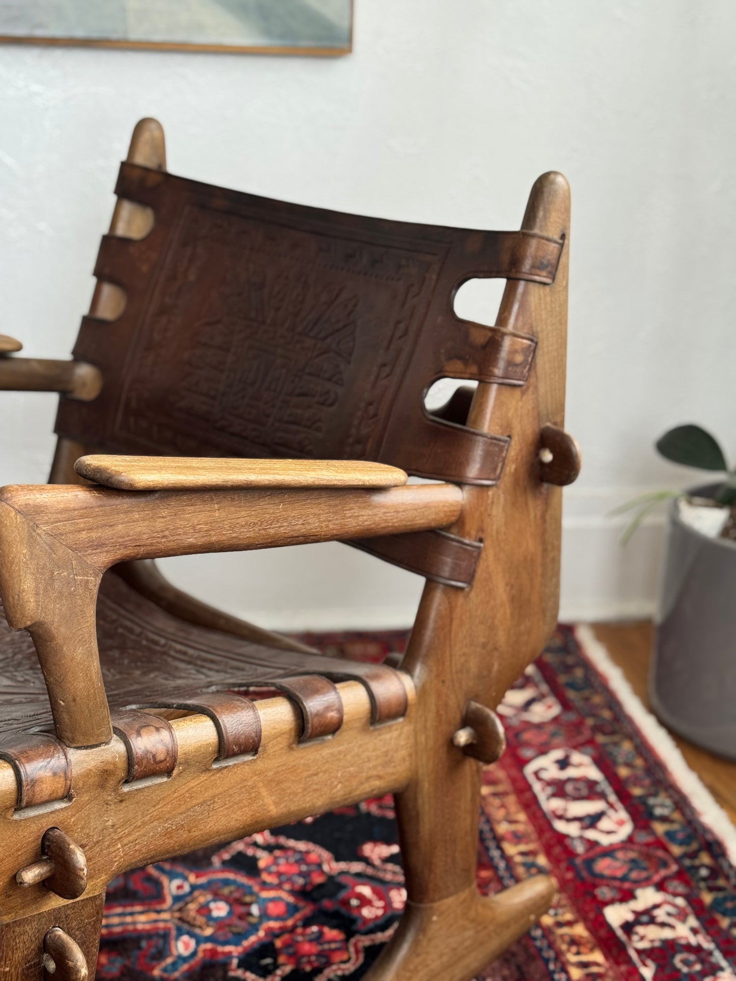 1960s Angel Pazmino Wood and Leather Sling Rocker