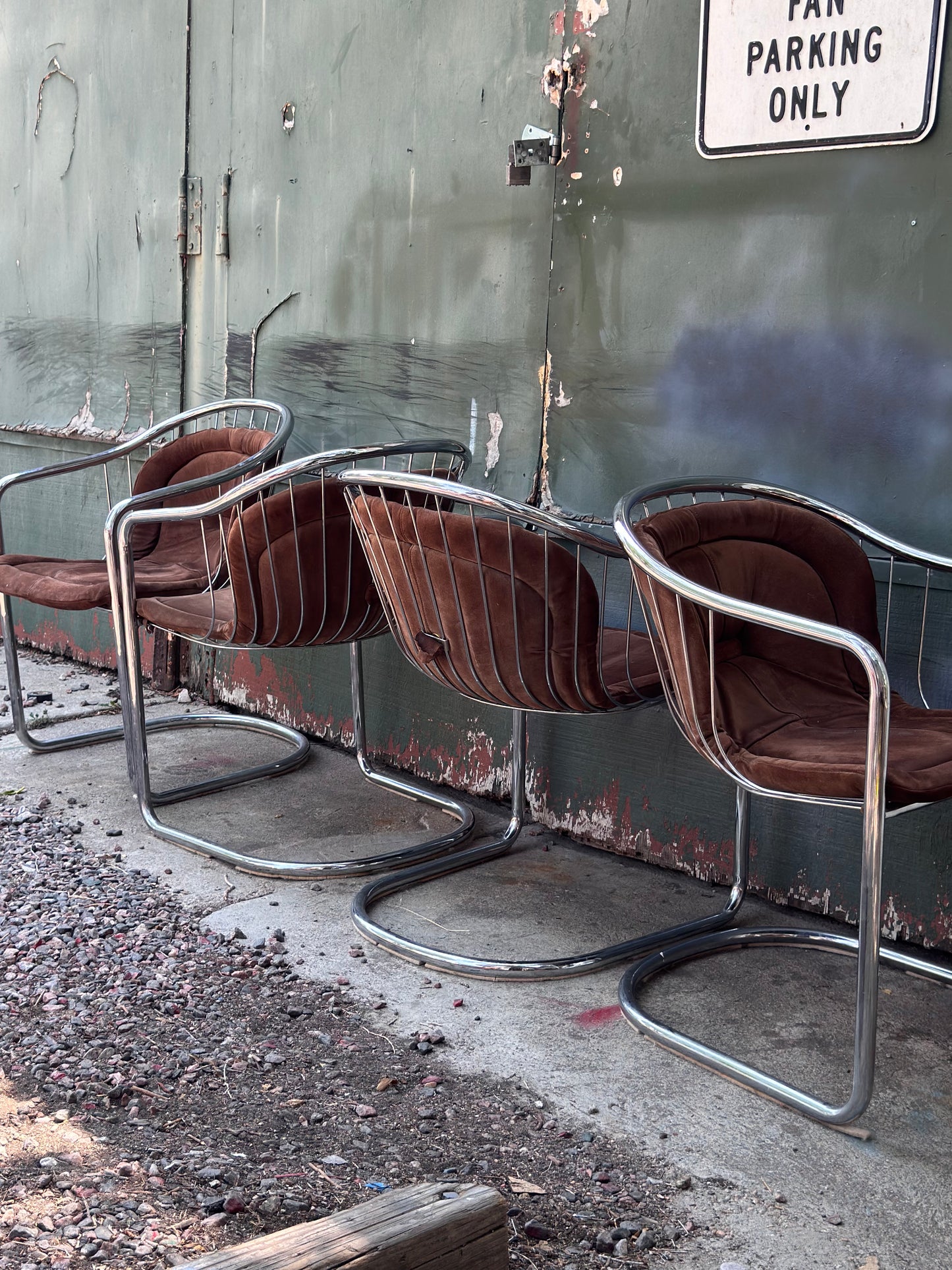 1970s Italian Brown Suede and Chrome Cantilever Dining Chairs by Gastone Rinaldi for Rima