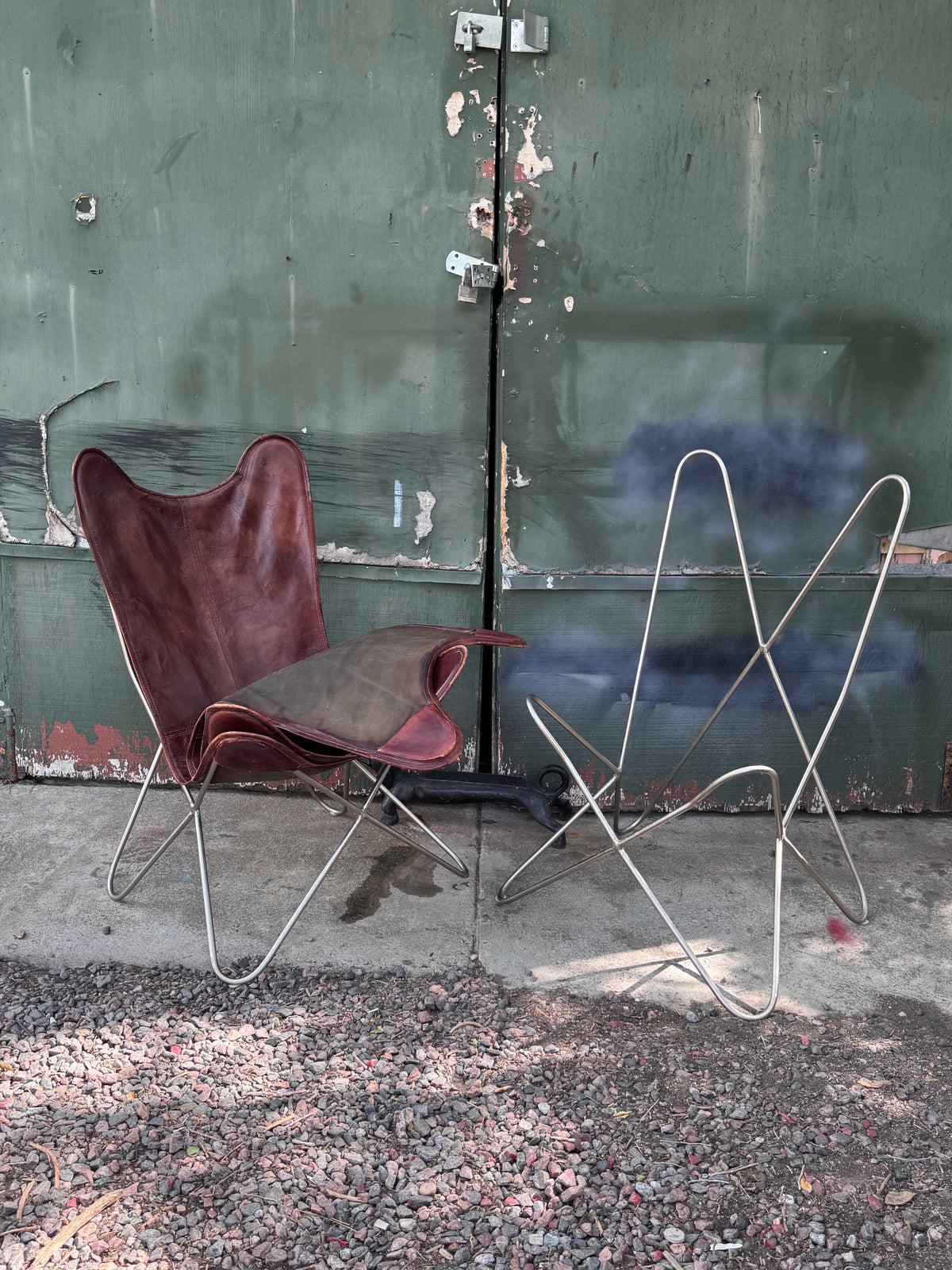 Mid Century Leather Handmade Butterfly Lounges Chair Set