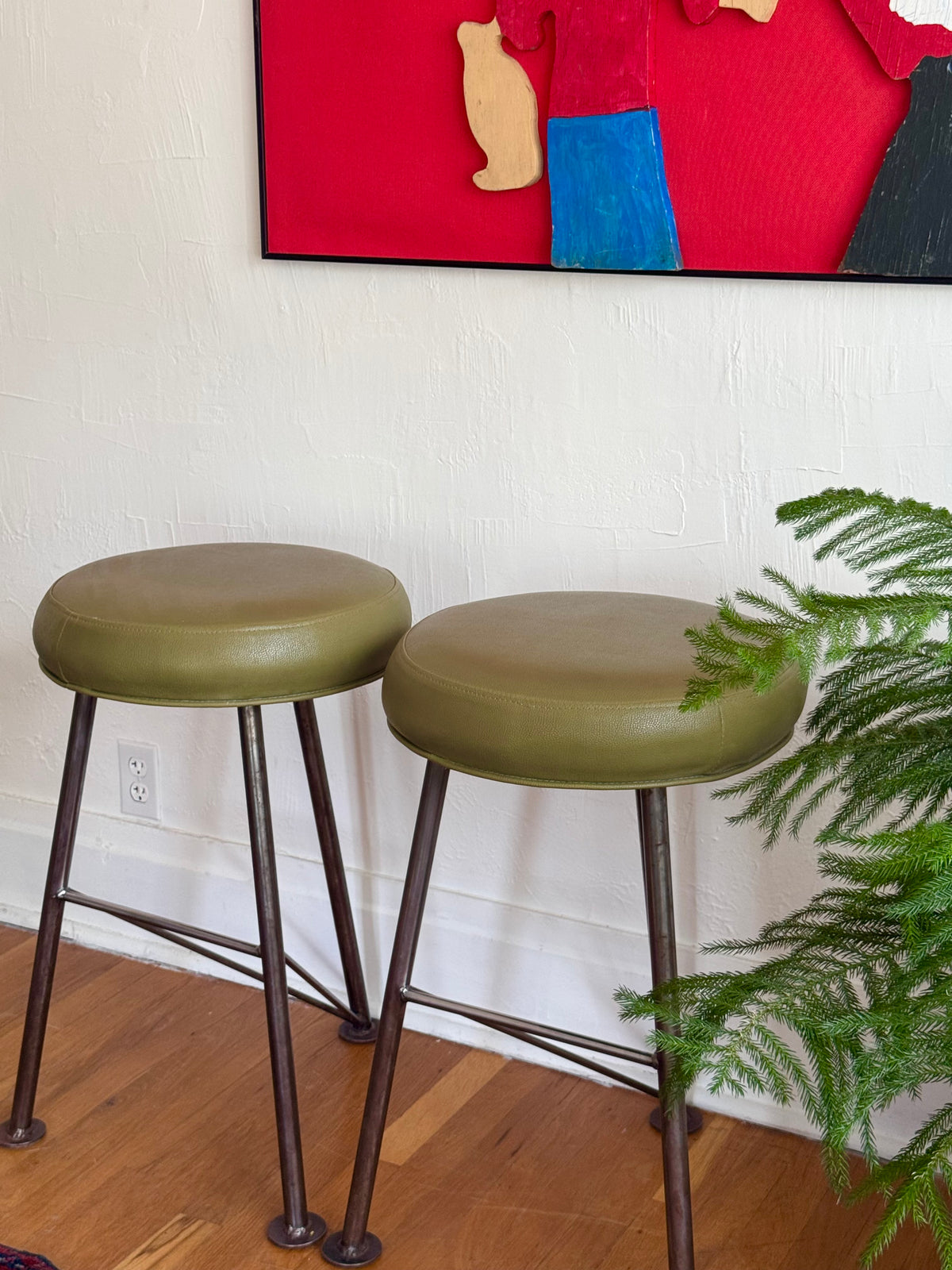 Handmade Iron Stools w/Olive Green Upholstery