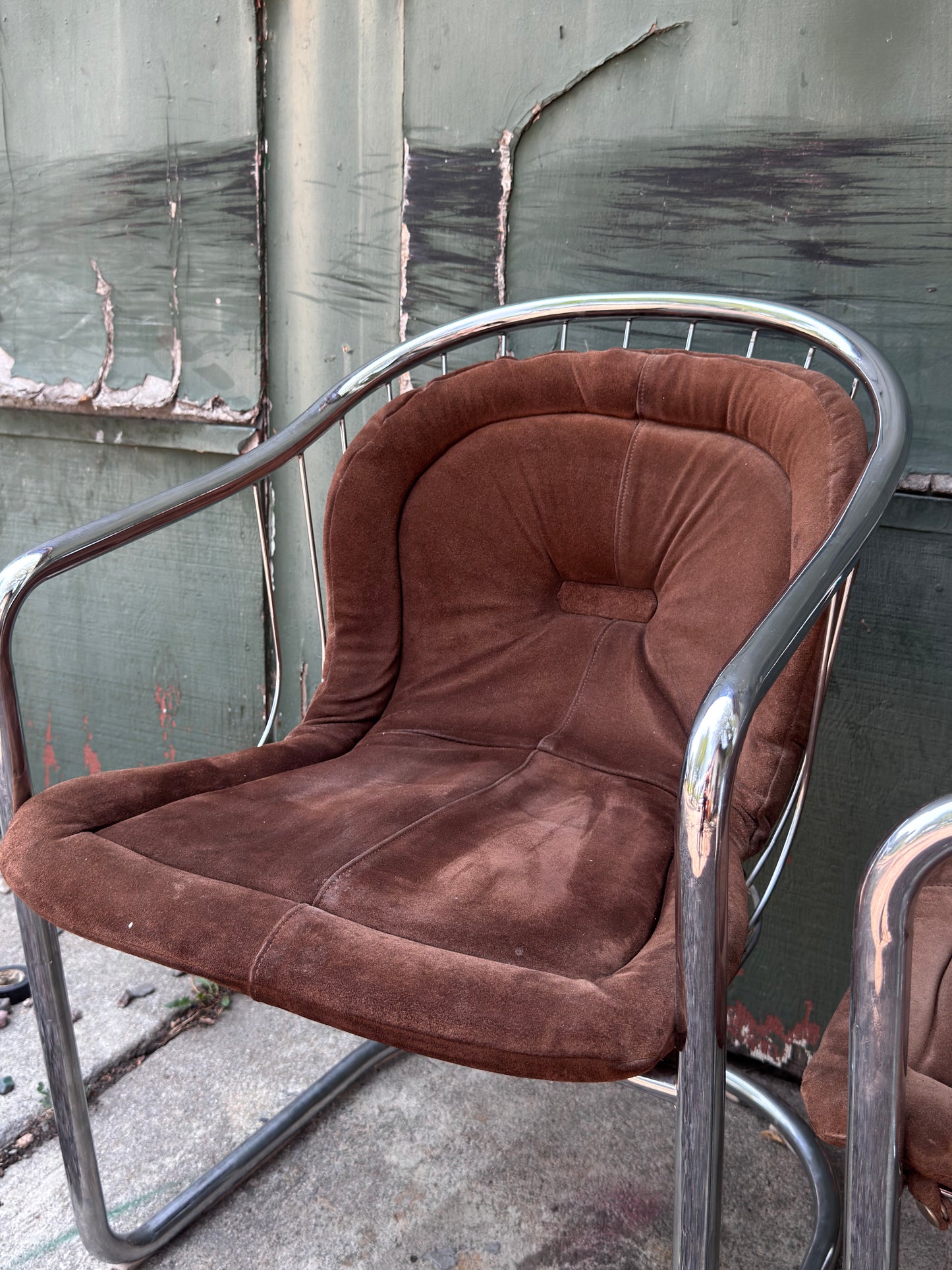 1970s Italian Brown Suede and Chrome Cantilever Dining Chairs by Gastone Rinaldi for Rima