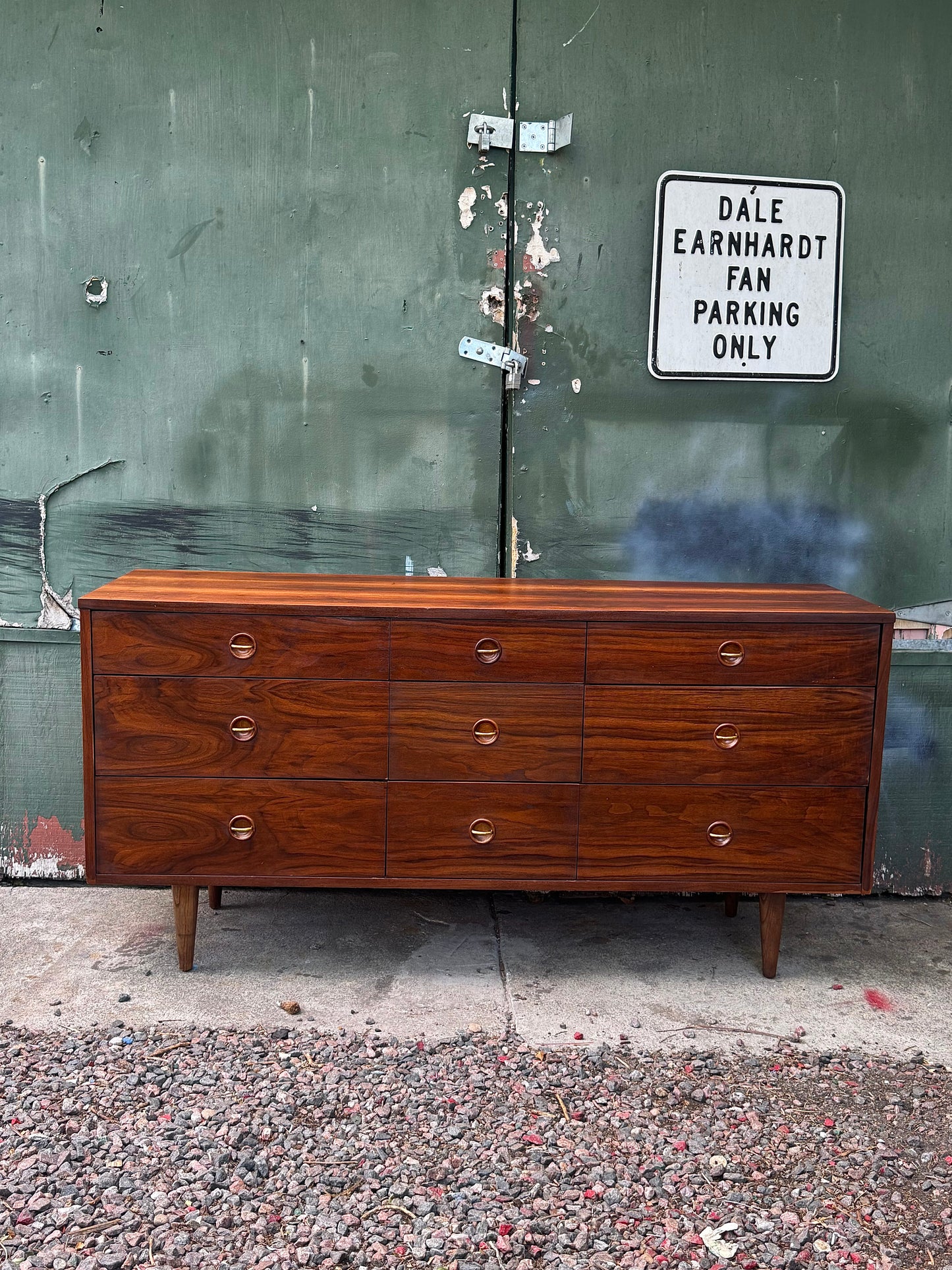 1960s 9-Drawer Walnut Lowboy Dresser by Stanley