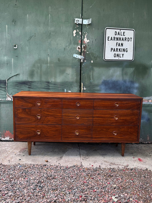 1960s 9-Drawer Walnut Lowboy Dresser by Stanley