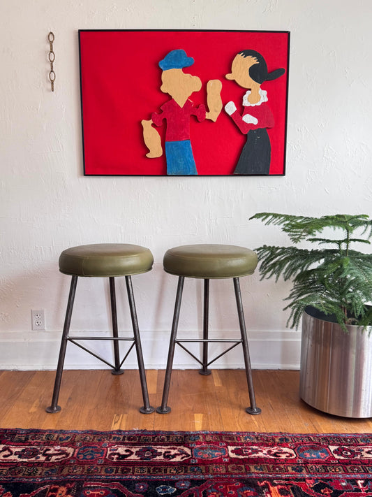 Handmade Iron Stools w/Olive Green Upholstery