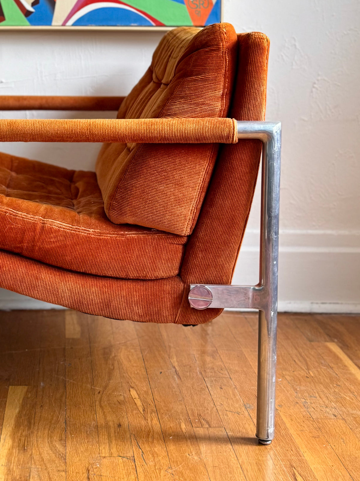 1970s Orange Velvet Corduroy Lounge Chair