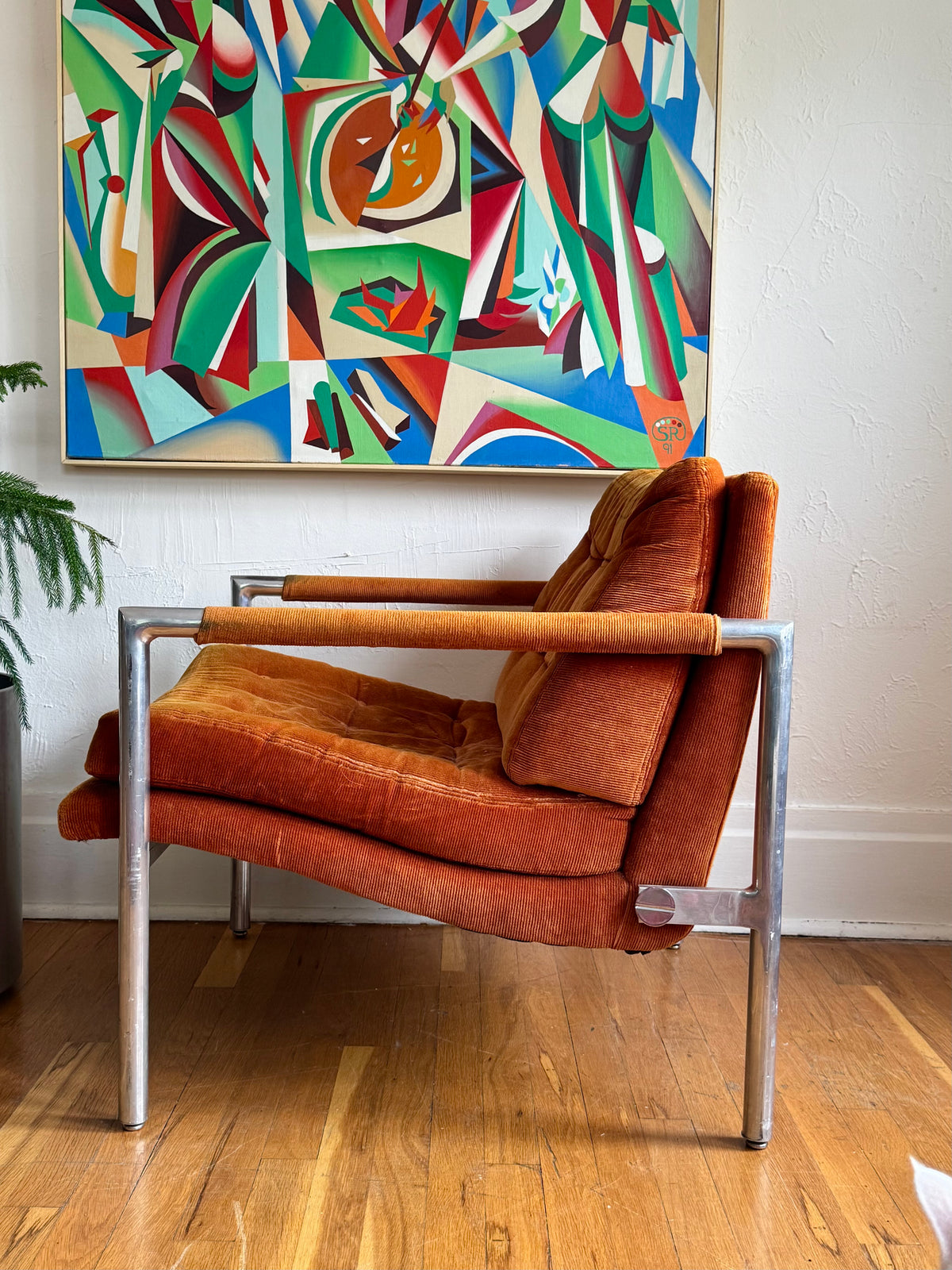 1970s Orange Velvet Corduroy Lounge Chair