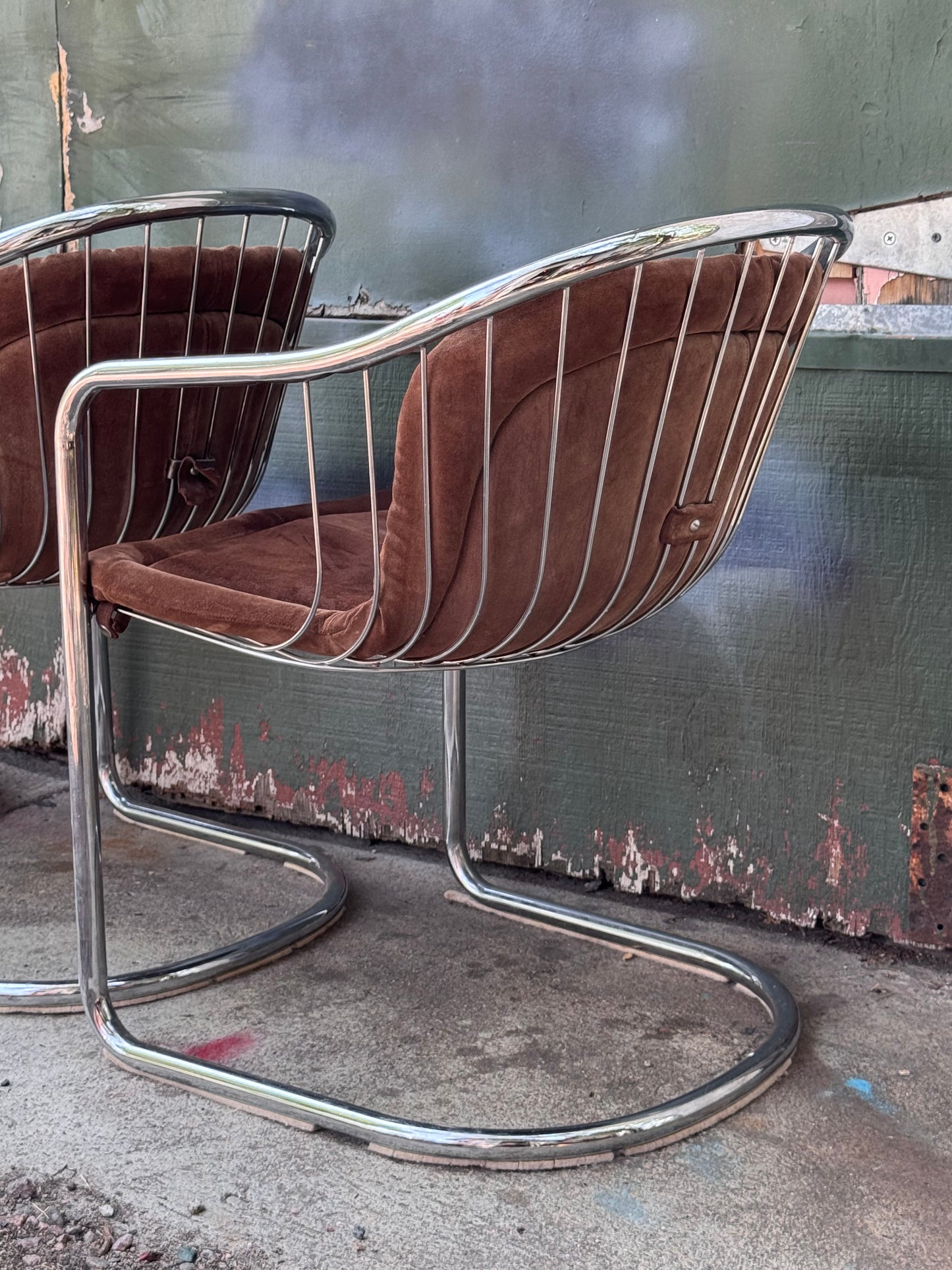 1970s Italian Brown Suede and Chrome Cantilever Dining Chairs by Gastone Rinaldi for Rima
