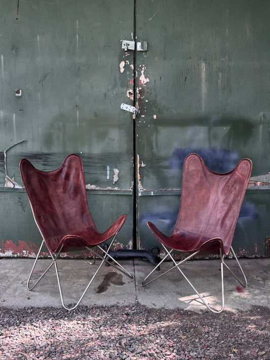 Mid Century Leather Handmade Butterfly Lounges Chair Set
