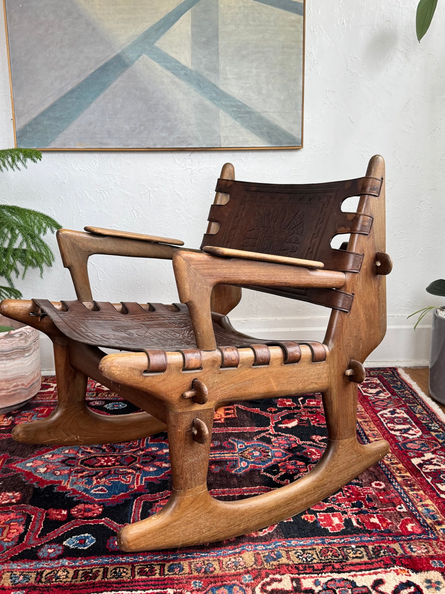 1960s Angel Pazmino Wood and Leather Sling Rocker