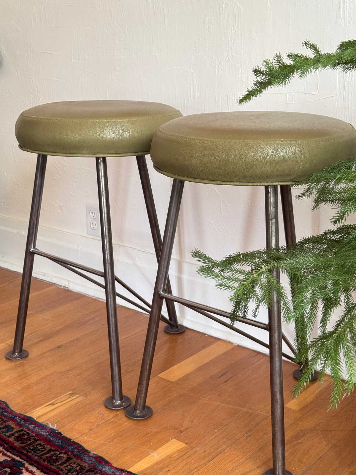 Handmade Iron Stools w/Olive Green Upholstery