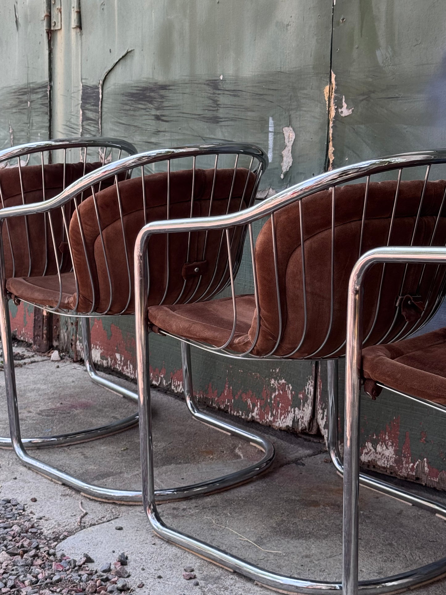 1970s Italian Brown Suede and Chrome Cantilever Dining Chairs by Gastone Rinaldi for Rima