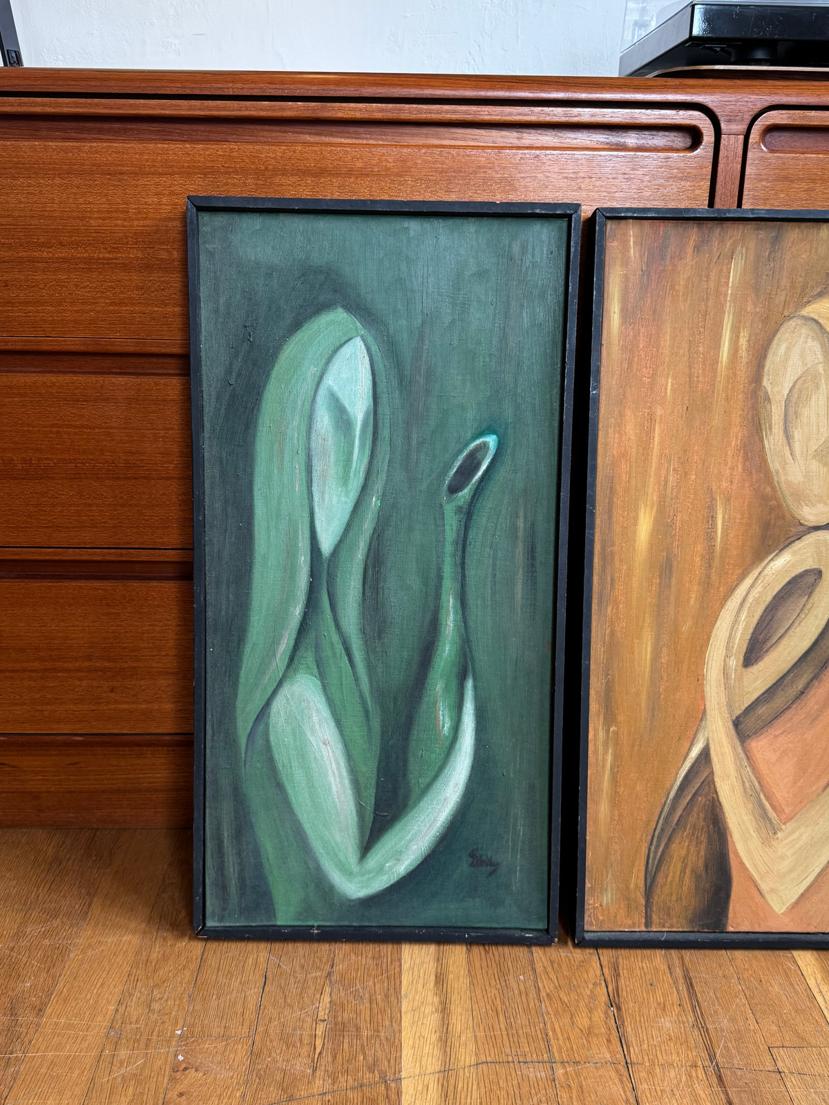 Set of Mid Century Abstract Figural Oil Paintings
