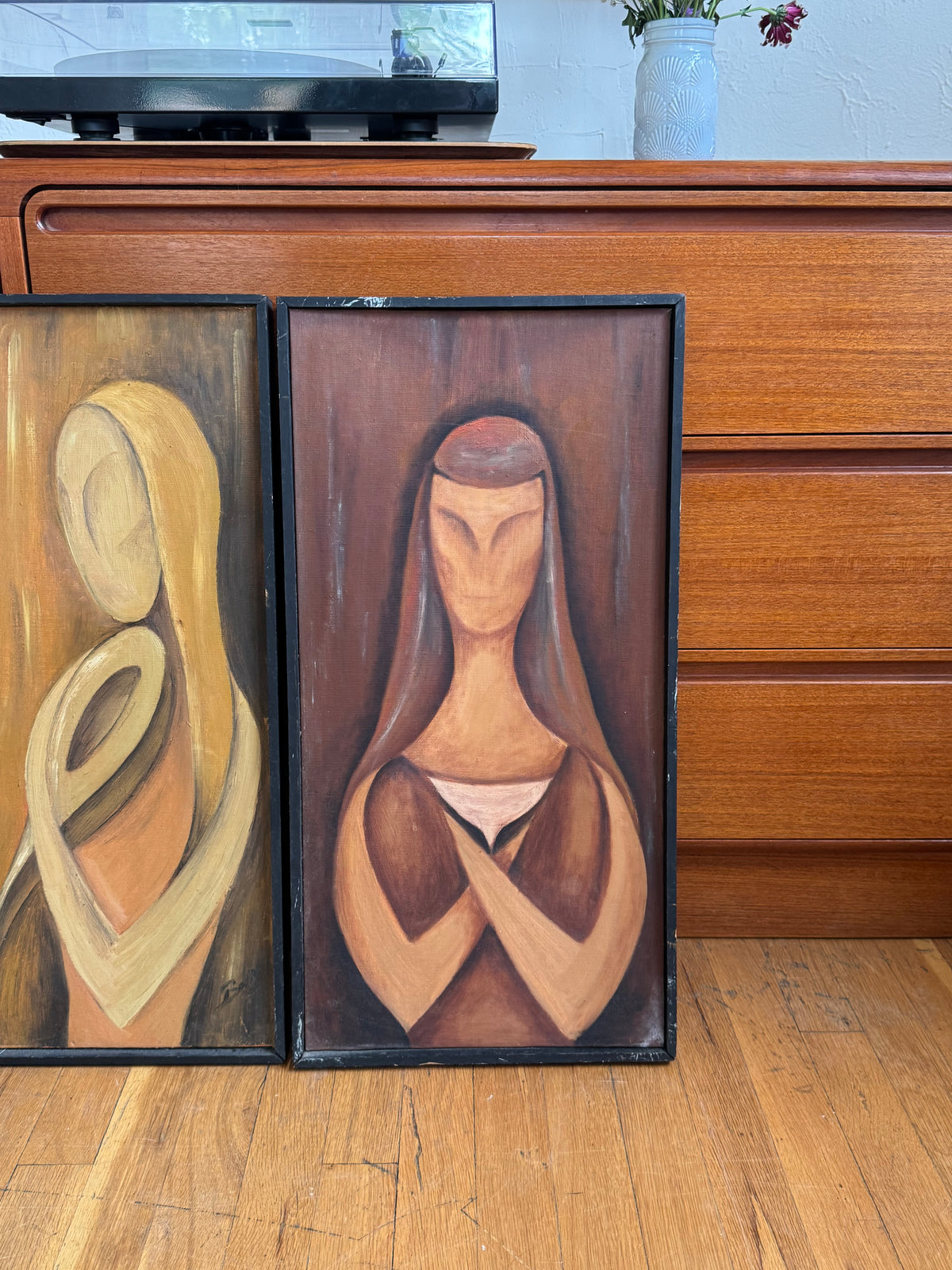Set of Mid Century Abstract Figural Oil Paintings