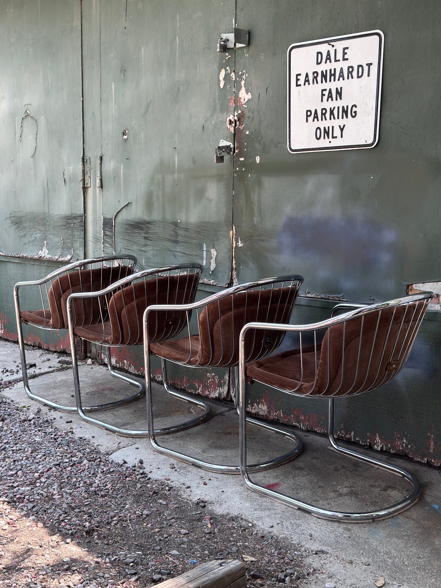 1970s Italian Brown Suede and Chrome Cantilever Dining Chairs by Gastone Rinaldi for Rima