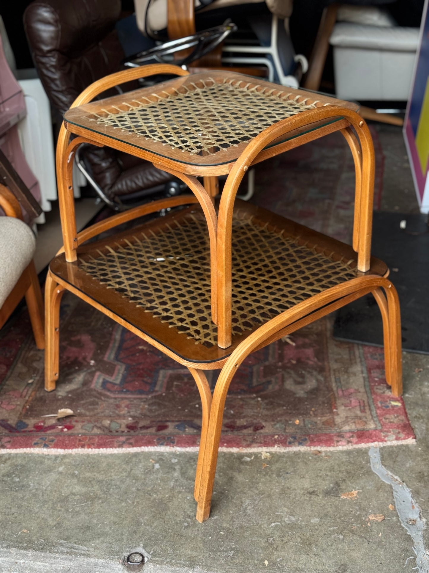 Woven Rawhide Side Table & Coffee Table by Carl Koch for Vermont Tubbs