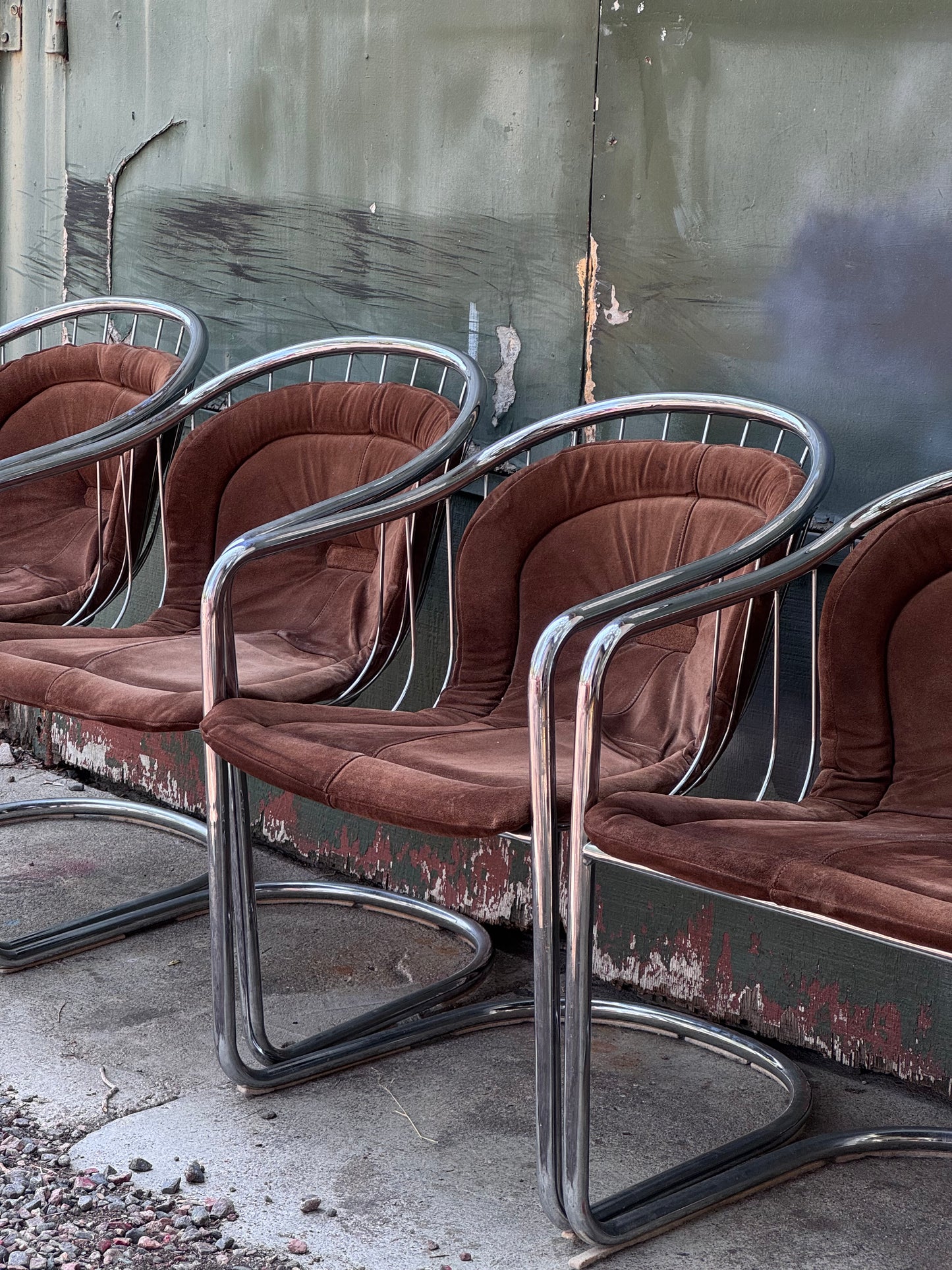 1970s Italian Brown Suede and Chrome Cantilever Dining Chairs by Gastone Rinaldi for Rima