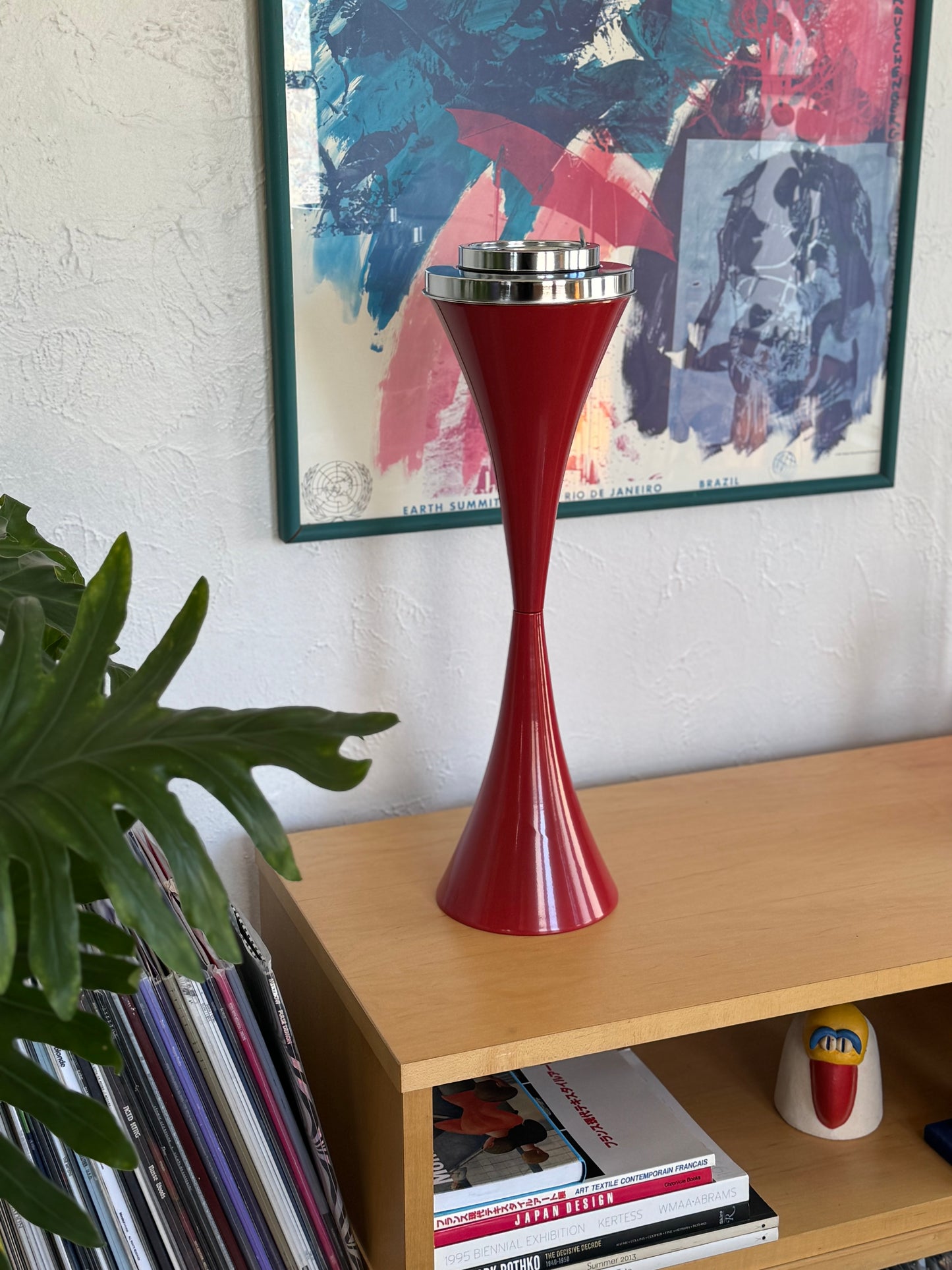 Freestanding tulip base red and chrome metal ashtray