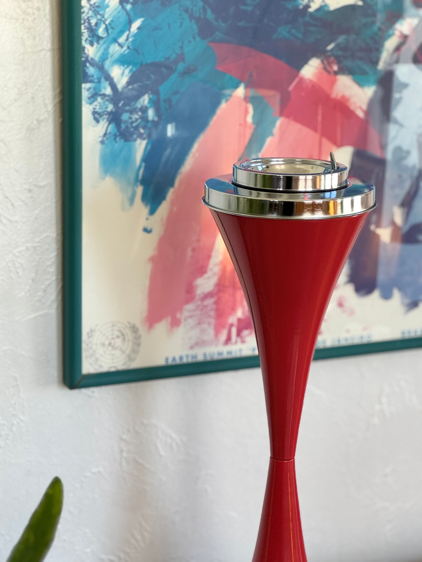 Freestanding tulip base red and chrome metal ashtray