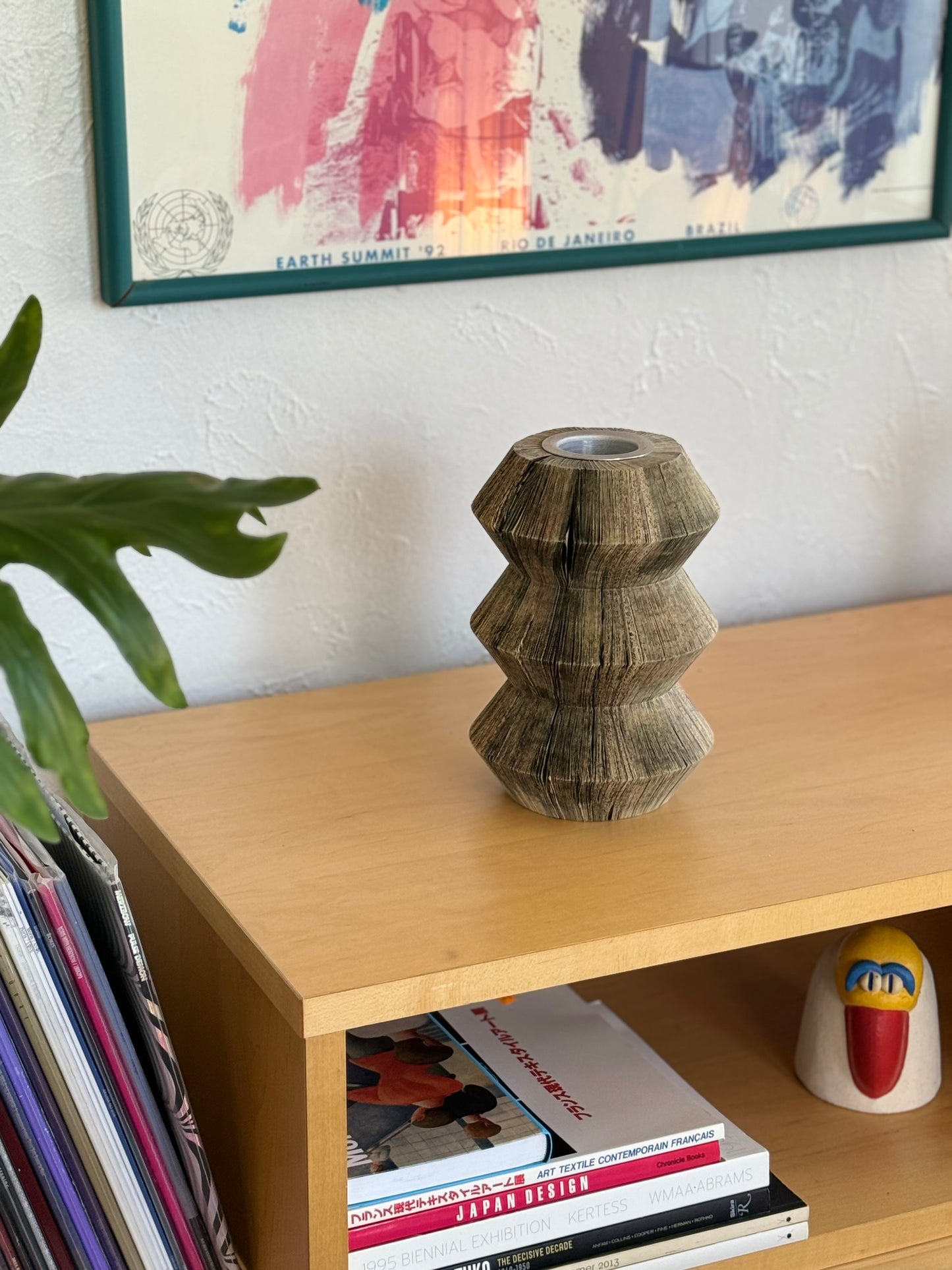 Vintage carved newsprint flippable vase