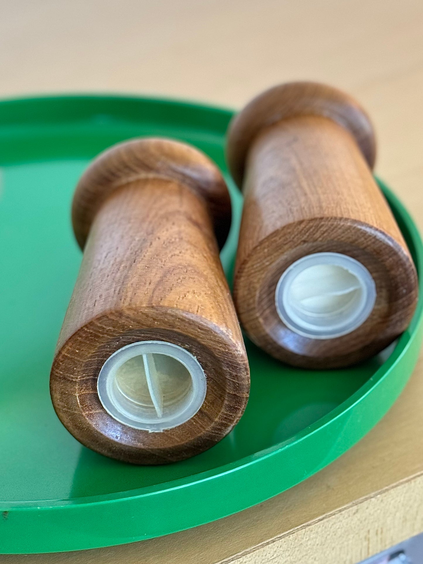 Solid teak mid-century mushroom shakers