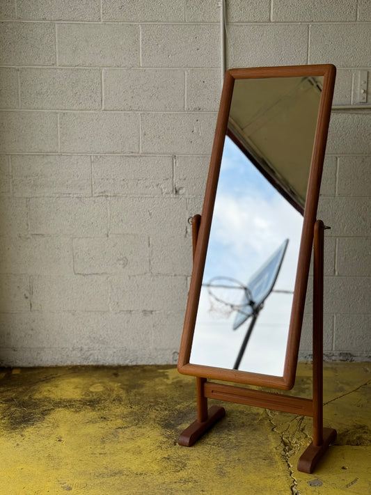 Danish modern solid teak Cheval standing tilt mirror