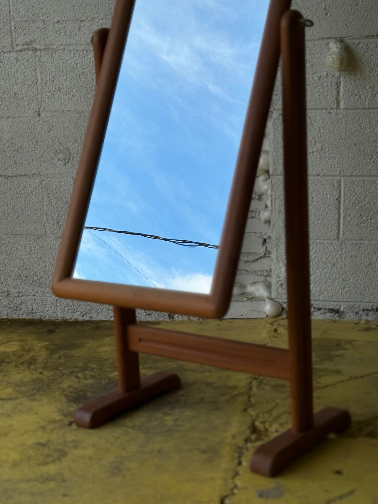 Danish modern solid teak Cheval standing tilt mirror